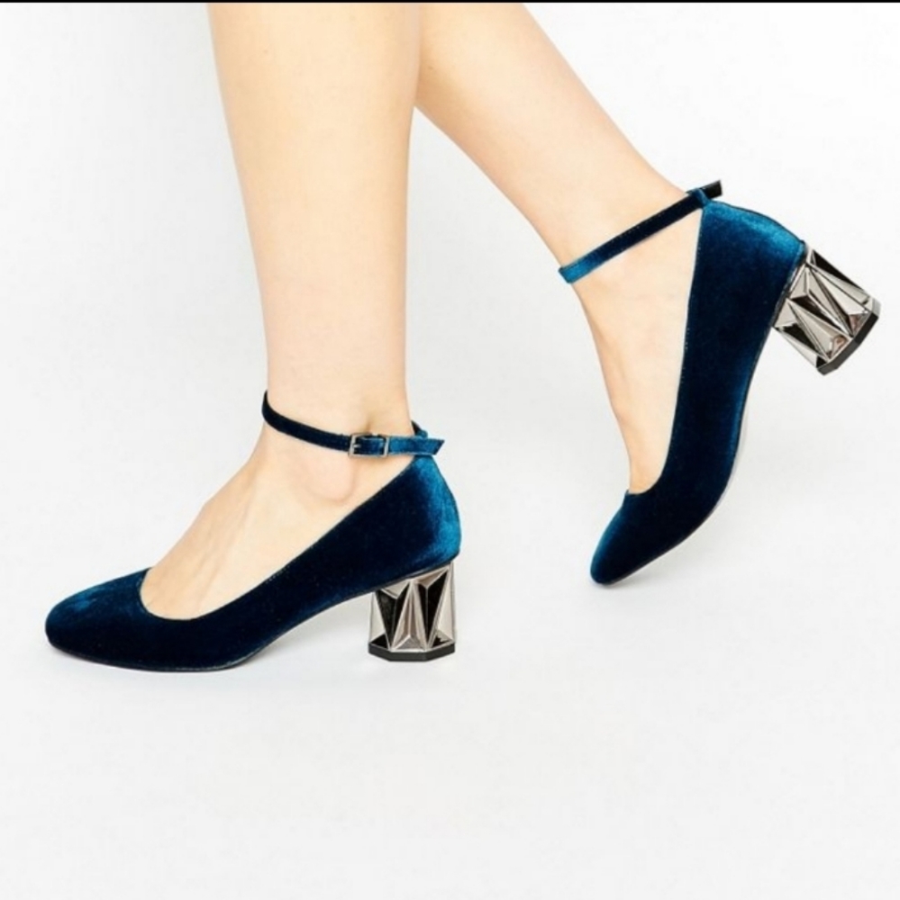 ASOS Teal Velvet Holiday Party Pumps Geometric Mirror Heel UK Sz 5 / US Sz 7